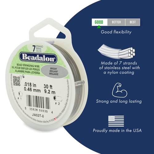Beadalon 7 Strand Stainless Steel Bead Stringing Wire, 0.010 in / 0.25 mm, Bright, 300 ft / 91 m