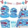 116 Pcs Airplane Birthday Party Decor Time Flies Paper Plates Napkins Forks Cups Tablecloth Banner Dinnerware for Aviation Theme Boys Baby Shower 1st 2nd 3rd 4th Bday Party Supplies Decorations