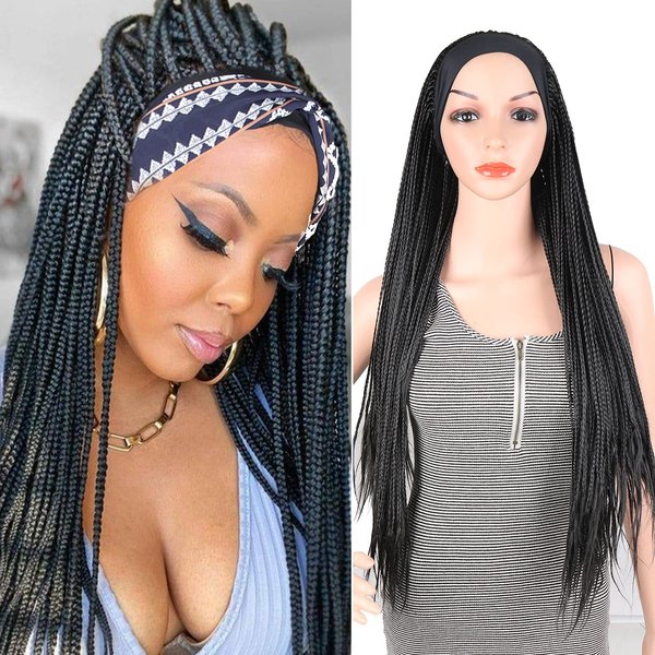 Braided Wigs with Headband Attached for Black Women Twist Crochet Hair Wrap Jumbo Synthetic Cornrow Black Box Braid Long CrochetTwistWig 30Inch