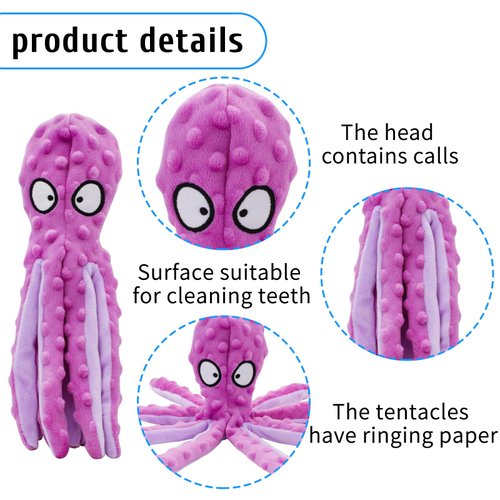 LuckyOpt Squeak Dog Toy, 12.5In Plush Octopus Dog Toy with Crinkle Paper and Squeaky Inside, No Stuffing Dog Toys for Indoor Dog (Purple)