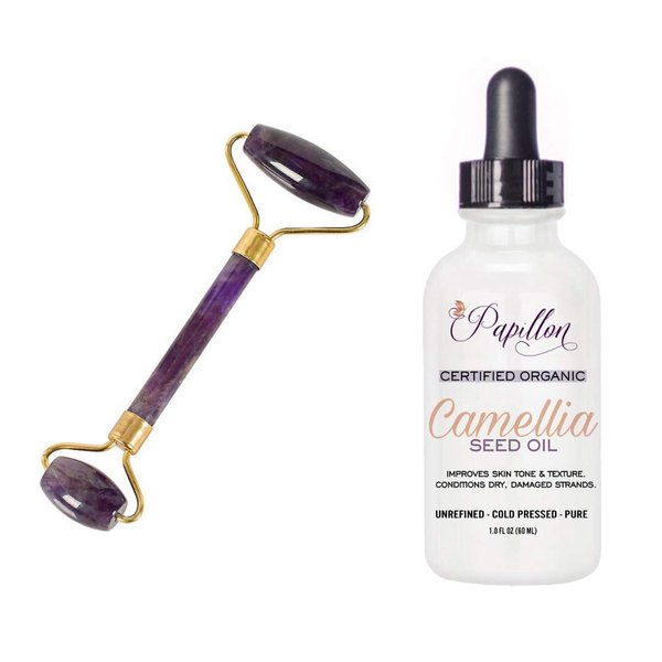 Papillon Organic Amethyst Face Roller Tool and Camellia Oil Bundle Gift Set - 100% Pure Camellia Oil - Organic Cold-Pressed Oil with Natural Omega-9 – Rich in Anti-Oxidants for Anti-Aging