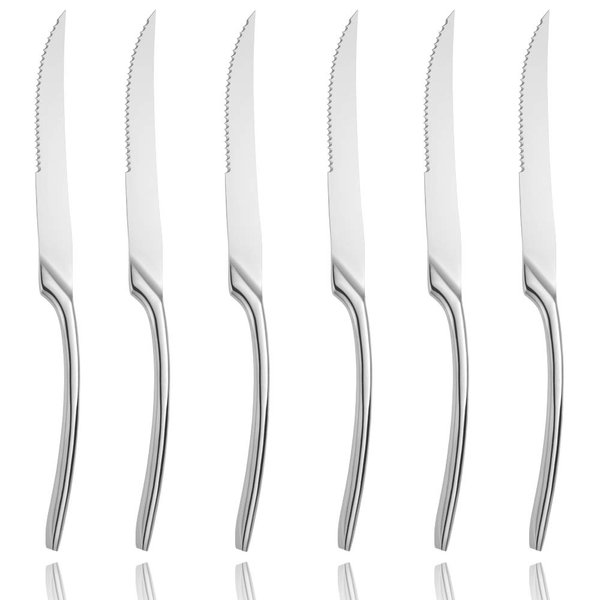 Lemeya 6 Pieces Steak Knives Set of 6,Stainless Steel Standing Steak Knife,Ultra-Sharp Serrated Steak Knives-10 Inch,Mirror Polished,Dishwasher Safe