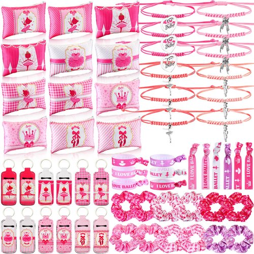 Clysee 60 Pcs Ballerina Party Favors Include Dance Makeup Bag Dance Charm Bracelets Hair Ties Ballet Keychains Elastic Scrunchies Dance Party Supplies Dance Team Gifts for Dancers Girls Teachers