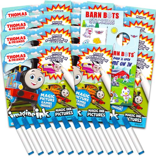 Thomas the Train Imagine Ink Coloring Book Set for Kids - 12 Pack No-Mess Magic Ink Thomas and Friends Coloring Books with Barn Bots Stickers and Door Hanger (Thomas the Train Party Favors Bundle)