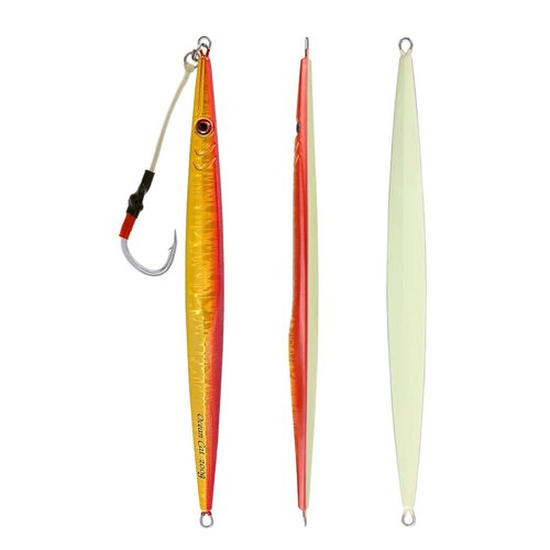OCEAN CAT Lead Metal Flat Fast Slow Fall Pitch Fishing Jigs Lures Spoons Sinking Vertical Jigging Bait with Hook for Saltwater Offshore Fishing (Red & Gold, 200g)