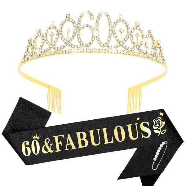 YARIEW Gold Crown + 60 & Fabulous Birthday Sash + Pearl Pin Set, 60th Birthday Decorations, 60th Birthday Gifts for Women, 60th Birthday Party Favor