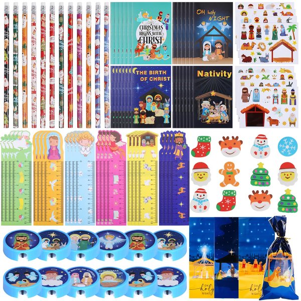 Grencian 168pcs Christmas Nativity Party Favors Stationery Set for Kids Exchange Gfits Class Reward for Classroom Students Church Activity Christian Goodie Bag Stuffers Supplies Class Favors for Kids
