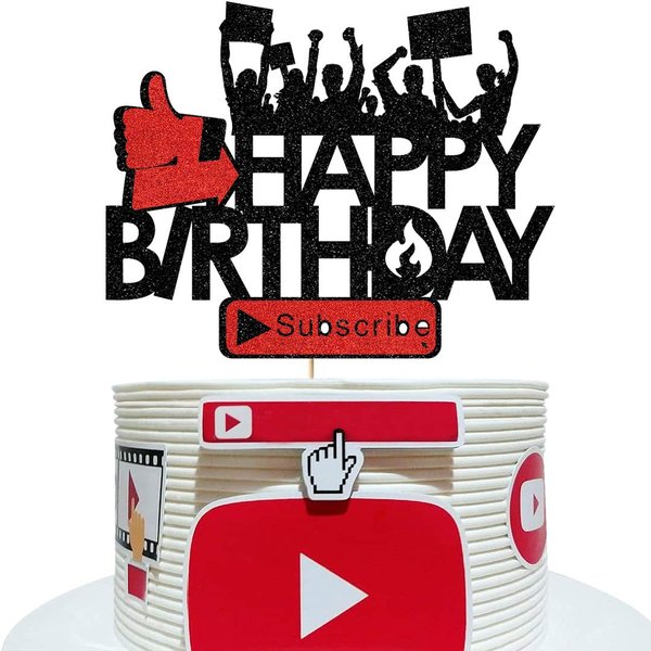 Glorymoment Play Social Media Cake Topper, Glitter Happy Birthday Cake Topper for You Tube Theme Birthday Party Decorations Teens Boys Girls Adult Birthday Party Supplies (6.7’’x5.31’’) Black