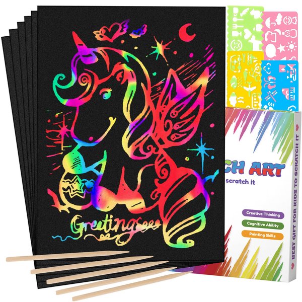 Mocoosy 60 Pcs Scratch Art Paper for Kids, Rainbow Magic Scratch Off Paper Set Art Craft Kit Black Scratch Paper Sheets with 4 Stencils 5 Wooden Stylus for Birthday Party Favors Game Activities