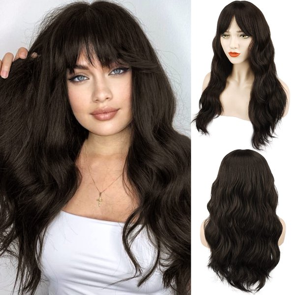 BARSDAR Long Dark Brown Wigs with Bangs for Women, 26 In Long Wavy Wig With Bangs Heat Resistant Synthetic Hair Wigs Curly Wig Cosplay Soft Natural Looking Daily Party Halloween- Dark Brown
