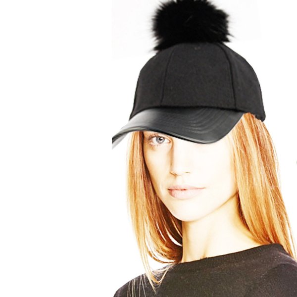 ANGELA & WILLIAM Women's Faux Fur Pom Pom Baseball Cap Black