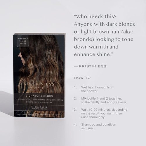 Kristin Ess Hair Gloss - Brass Neutralizing | Shine Boosting | Deep Conditioning, Silicone-Free + Ammonia-Free, Smoky Topaz (Medium Neutral Bronde)