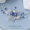 Latious Bride Wedding Crystal Hair Comb Silver Leaf Bridal Hair Clip Blue Pearl Hair Piece Rhinestones Hair Accessories for Women and Girls