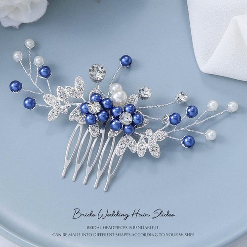 Latious Bride Wedding Crystal Hair Comb Silver Leaf Bridal Hair Clip Blue Pearl Hair Piece Rhinestones Hair Accessories for Women and Girls