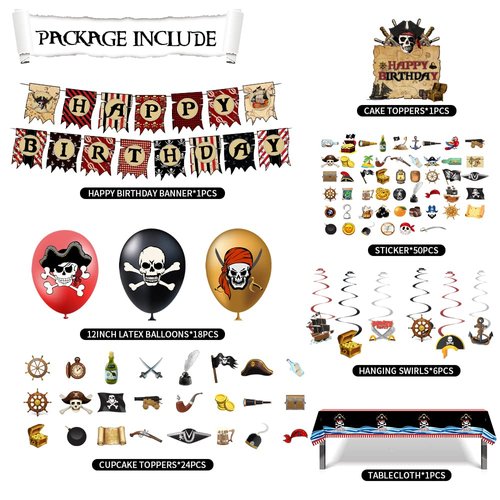 Pirate Birthday Party Decorations Happy Birthday Pirate Theme Party Set Total 103PCS, Include Happy Birthday Banner Cake Cupcake Toppers Hanging Swirls Balloons Table Cover for Kids Boys Birthday