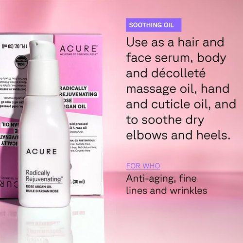 ACURE Radically Rejuvenating Rose Argan Oil - Face, Hair & Body Oil Serum Rich in Vitamin E - Lightweight, Non-Greasy, Vegan - 1 Fl Oz