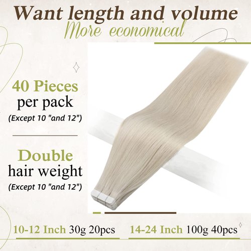 Full Shine Blonde Tape in Hair Extensions 20 Inch Real Human Hair Tape in Extensions Color 1000 Ice Blonde Adhesive Hair Extension 40 Pcs 100 Gram Double Sided Tape Hair for Women
