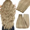 YoungSee Sew in Hair Extensions Real Human Hair Blonde Highlight Soft Weft Human Hair Extensions Dark Ash Blonde Highlighted Light Blonde Soft Sew in Real Hair Extensions for Women 20Inch 100G