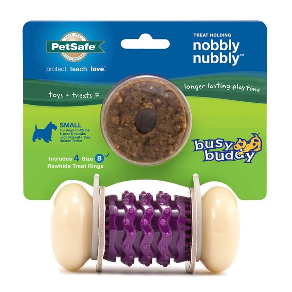 PetSafe Busy Buddy Nobbly Nubbly Treat Holding Dog Toy – Strong Chewers – Challenging - Treat Rings Included - Small, multi color