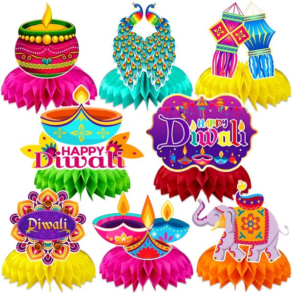 JULMELON 8PCS Diwali Party Decorations Honeycomb Centerpiece, 3D Double Sided Happy Diwali Centerpiece Table Decorations Table Toppers for Home Indian Diwali Festival of Lights Party Favors Supplies