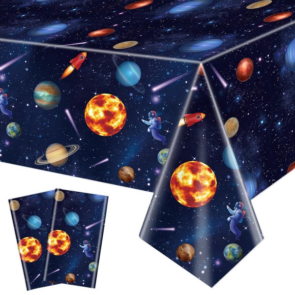 2 Pack Outer Space Party Tablecloths, Solar System Table Covers, 51x87'' Plastic Disposable Rectangle Planet Table Cover for Kids Space Theme Birthday Party Decorations, Galaxy Theme Party Supplies