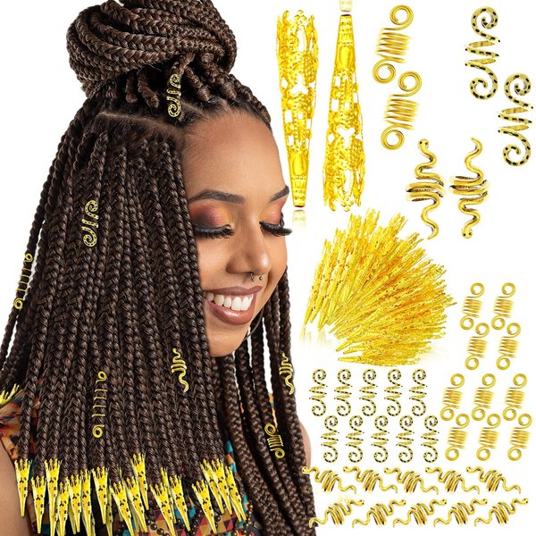 RechicGu 130 Pieces Locs Hair Jewelry for Women Goddess Dreadlocks Accessories kit Faux Locs Beads,Braids Hair Cuffs Decoration Charms (Gold)