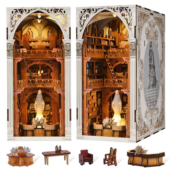 Book Nook Kit, DIY Miniature House Kit 3D Wooden Puzzle for Adults Booknook Kit with Dust Cover Book Decor Bookshelf Decoration Decorative Bookends Women Craft Gifts for Teens (Public Library)