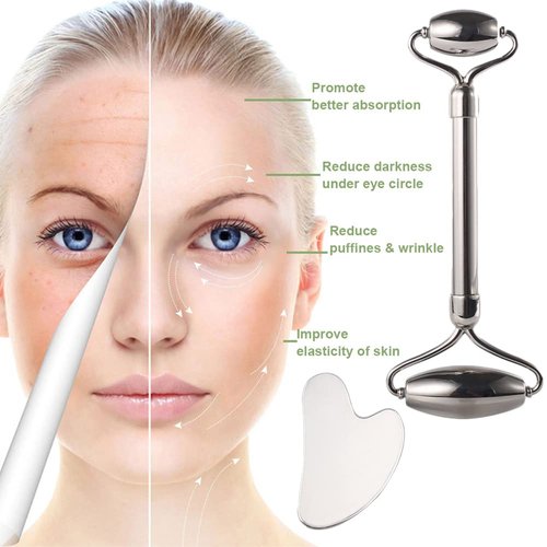 sanforce Stainless Steel Gua Sha and Face Rollers,Metal Face Roller for Eyes Neck,Anti-aging Facial Roller
