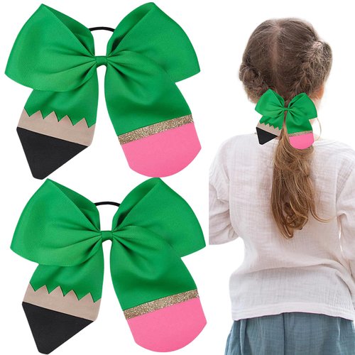 5 Inch Back to School Hair Bows Ties School Bow Cheer Bow Clip Green Pencil Cheer Hair Scrunchies Hair Bow Ponytail Holder Elastic Hair Bows Tie for First Day of School Kids Supplies 2PCS
