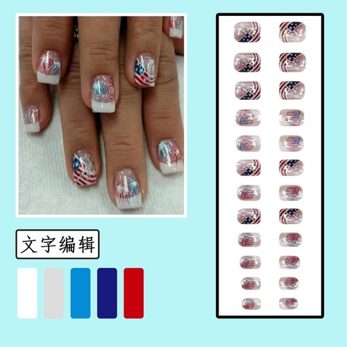 24pcs 4th of July Press on Nails Short French Tips Fake Nails Independence Day Acrylic Nails Short Coffin Designs Screw fireworks American Flag Artificial False Nails Kit for Women Girls