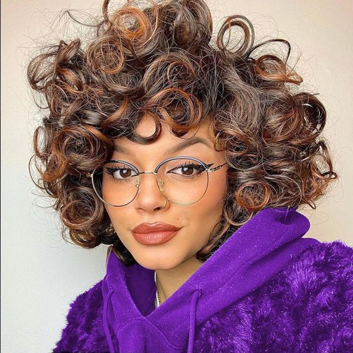 KEVVTY Short Curly Wigs For Black Women Ombre Brown Curly Wigs With Bangs For Women Shoulder Length Kinky Curly Wigs Afro Fluffy Wig Loose Curly Synthetic Hair Wigs Daily Cosplay Party