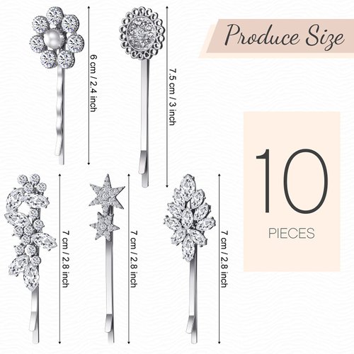 Waydress 10 Pcs Vintage Hair Pins for Women Vintage Rhinestone Bobby Pin Star Decorative Tone Hair Pins Hair Barrette Flower Leaf Feather Sunflower Hair Clips Metal Hair Accessories for Girls(Silver)