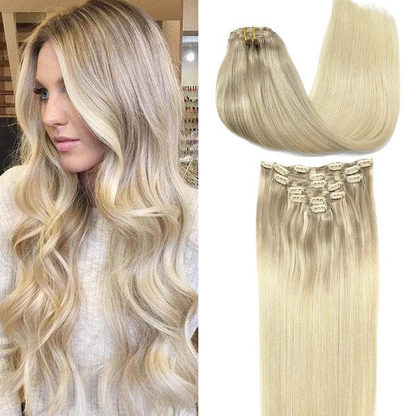 GOO GOO Clip in Hair Extensions Real Human Hair, 14inch 120g 7Pcs, 17/22/60 Balayage Ash Blonde to Golden Blonde and Platinum Blonde, Remy Human Hair Extensions Clip ins for Women, Natural Human Hair