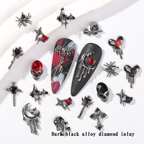 32 PCS Halloween Nails Charms 3D Alloy Spider Skull Nail Art Supplies for Acrylic Nails Dark Black Cross Moon Nail Gems and Charms Nail Jewelry for Women Halloween DIY Nail Art Decoration Accessories