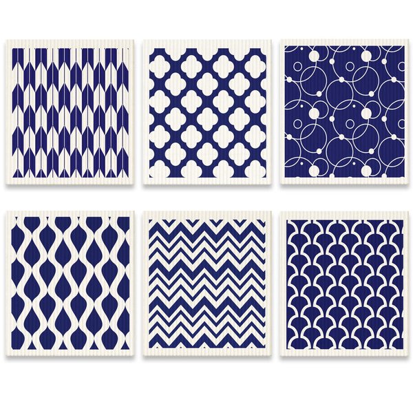 Patelai 6 Pieces Swedish Kitchen Dish Towels Kitchen Cloths Reusable Sponge Cleaning Cloths Absorbent Dish Cloth No Odor Hand Towel Quick Drying Washable Cleaning Wipes (Navy Geometry Style)
