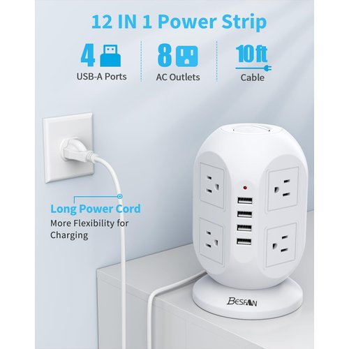 Tower Surge Protector Power Strip 10 Ft, BESFAN Long Extension Cord with Multiple Outlets, 8 AC Outlets with 4 USB Ports Power Strips with Surge Protection for Home Office Dorm Essentials