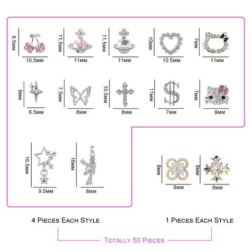 50Pcs Nail Charms Rhinestones Gems Kitty Heart Star Gun Planet Cross Jewelry for Acrylic Nails Accessories Women Nail Decorations Manicure Craft DIY Nail Art Supplies