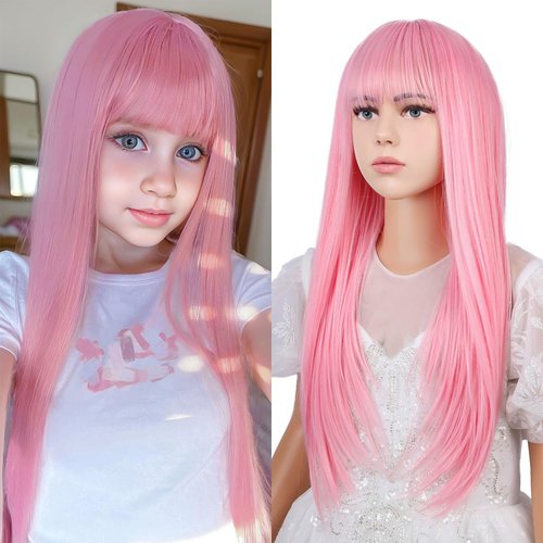 WAVELNM Pink Wigs for Kids Light Pink Wig with Bangs for Child Girls Rouge Pink Long Straight Wig Kids Synthetic Wigs with Wig Cap