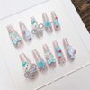 Nail Apparel Long Coffin Cute Kawaii Press on Nails 3D Cartoon Pink Glitter Rhinestone Heart Pearl Bow Long Ballet Trapezoid Fake Nails 24Pcs (Blue Kitty Candy)