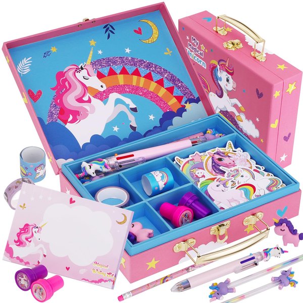 homicozy Unicorn Kids Stationary Set for Girls, Unicorns Gifts for Girls Ages 5 6 7 8 9 10 Year Old, Letter Writing Crafting Kit with Storage Box, Best Girls Birthday Christmas Gifts