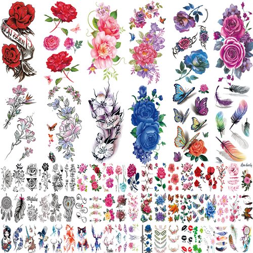Flowers Temporary Tattoos Stickers, Roses, Butterflies and Multi-Colored Mixed Style Body Art Temporary Tattoos for Women, Girls or Kids