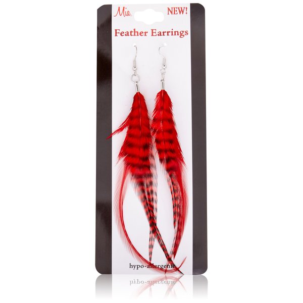 Mia Feather Earrings-Red Color-3 Natural Feathers Per Earring-Each Feather Measures Approximately 5" Long-For Pierced Ears (1 set)