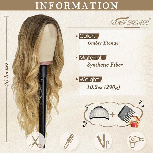 BARSDAR Long Ombre Blonde Wigs - 26 Inch Long Wavy Middle Part Wig for Women - Natural Looking Soft Synthetic Hair Replacement Wig Daily Party Cosplay Halloween Wig- Ombre Blonde