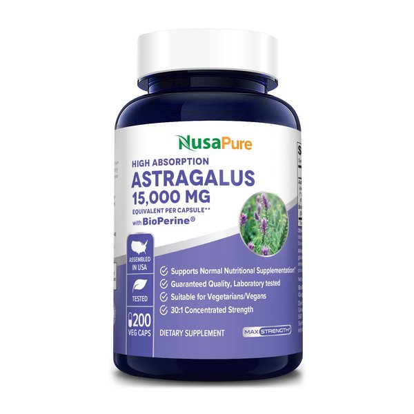 NusaPure Astragalus 15,000mg per Caps 200 Veggie Capsules (Vegetarian, Non-GMO & Gluten-Free)