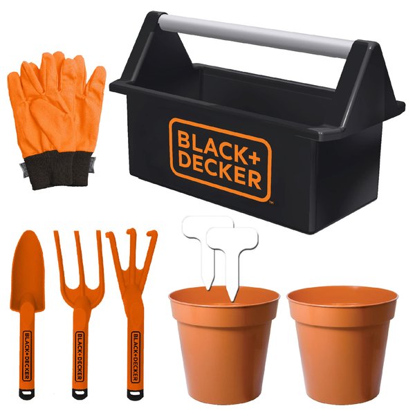 Black & Decker Open Garden Toolbox Complete with Eight Piece Garden Tools Set for Kids