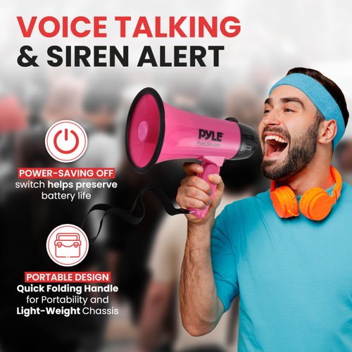 PYLE-PRO Portable Megaphone Speaker Siren Bullhorn - Compact and Battery Operated with 20 Watt Power, Microphone, 2 Modes, PA Sound and Foldable Handle for Cheerleading and Police Use PMP24PK (Pink)