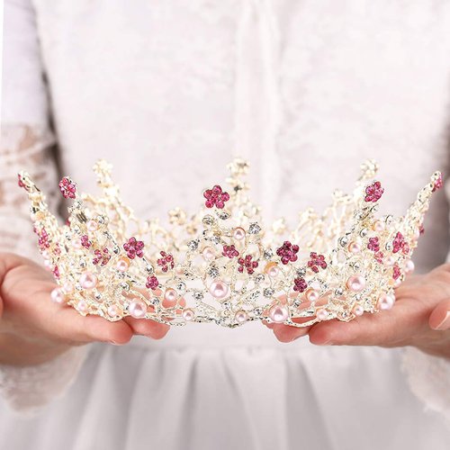 Fairyu Pearl Wedding Tiaras and Crown Bride Pink Flower Tiaras Baroque Wedding Tiara Hair Accessories for Women and Girls