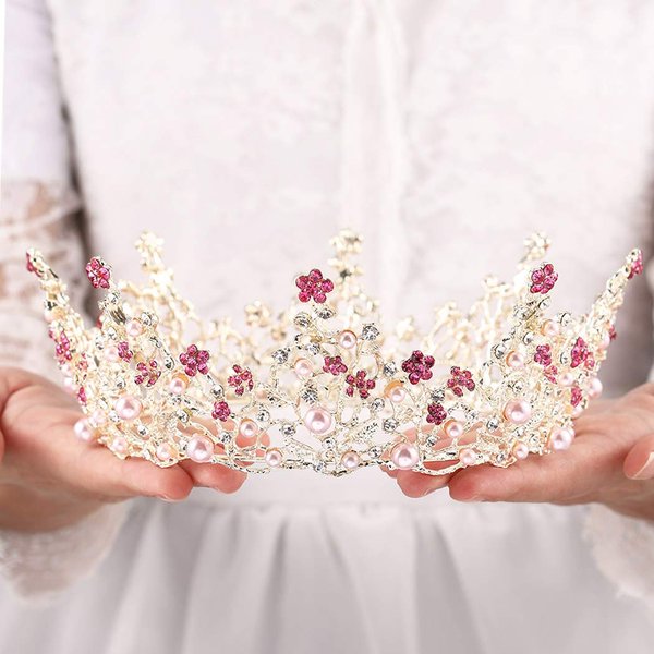 Fairyu Pearl Wedding Tiaras and Crown Bride Pink Flower Tiaras Baroque Wedding Tiara Hair Accessories for Women and Girls