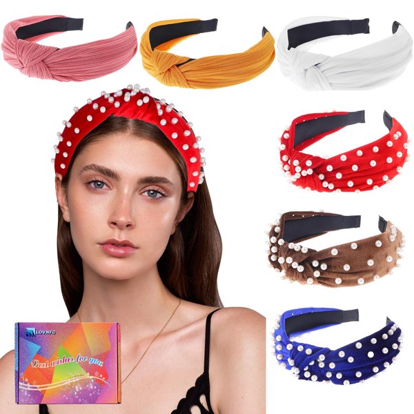 LOVNFC Womens Headbands, 6Pcs Knotted Head Bands No Slip Fashion for women Girls Wide Top Knot Turban Hair Bands Velvet Hair Hoops Hairband (red blue brown)