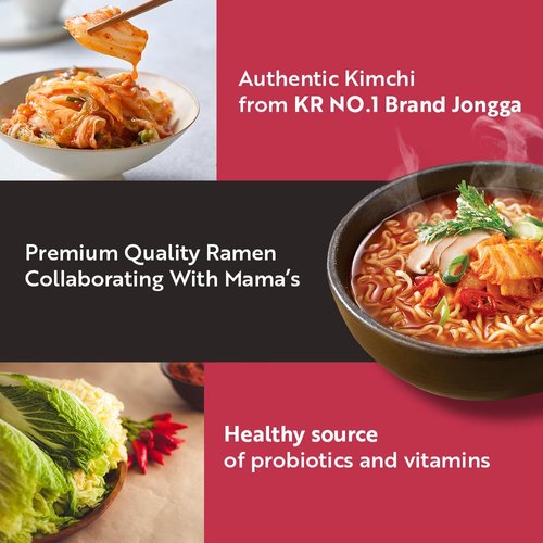 JONGGA Kimchi Ramen with Real Kimchi, Korean Instant Spicy Noodle Soup, Best Tasting Noodle Soup, Hot and Savory with Authentic Kimchi, Ready to Eat (Pack of 4)